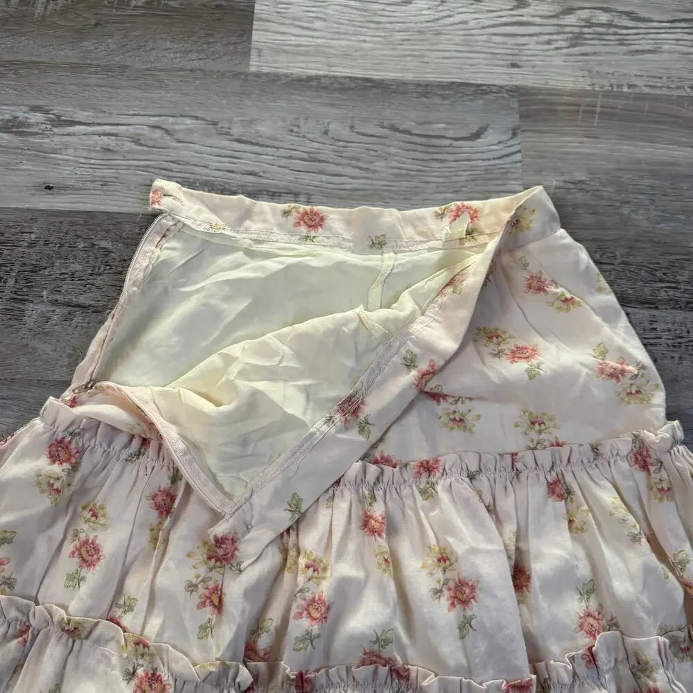 Vintage 90s Pink Floral Tiered Prairie Midi Skirt Cottagecore Coquette Boho S